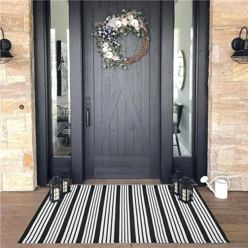 Black and White Striped Outdoor Rug Front Porch Rug 27.5